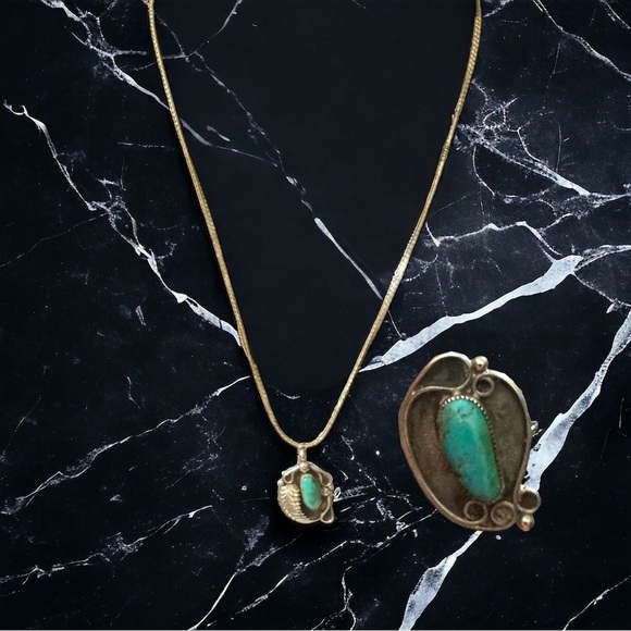 Robert Deutsawe Zuni Sterling Silver Turquoise Pendant Necklace & Cocktail Ring - Picture 1 of 16
